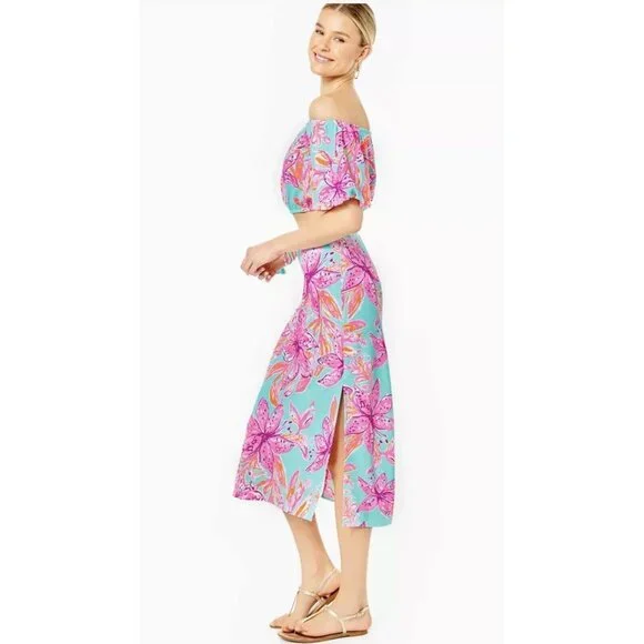 NWT Lilly Pulitzer Esmeray Midi 2PC Set Puff Sleeve Surf Blue Bonita Blooms Sz L - Picture 5 of 16